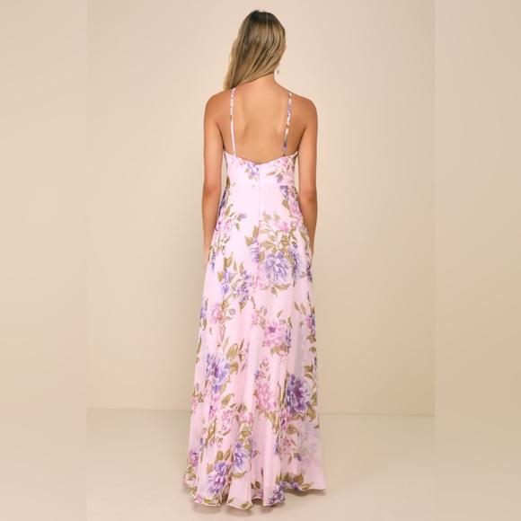 NWT Lulus Romantic Marvel Light Pink Floral Print Halter Neck Maxi Dress, Small - Picture 3 of 16